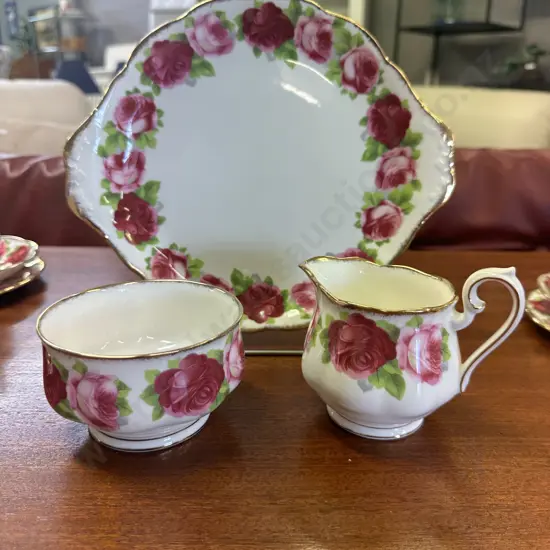 Vintage Royal Albert Old English Rose  - Cake Plate, 26.5cm With Creamer & Sugar Bowl