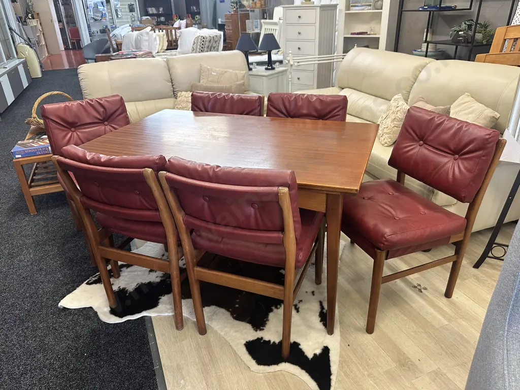 Mid Century Extn Dining Table (H73 W130 / 220 D81cm) With 6 Red Leather Effect Upholstered Chairs Image 1++