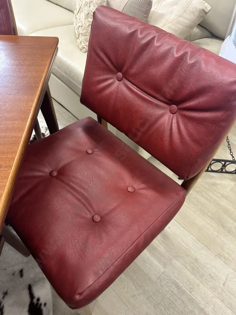 Mid Century Extn Dining Table (H73 W130 / 220 D81cm) With 6 Red Leather Effect Upholstered Chairs Image 1++