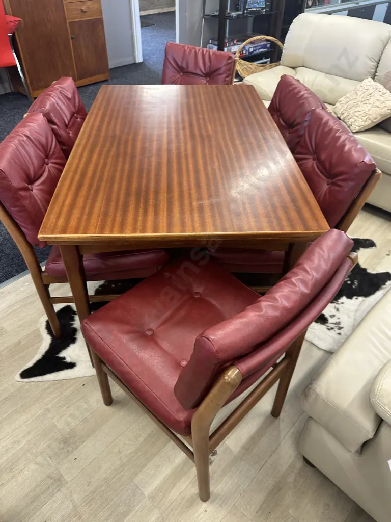 Mid Century Extn Dining Table (H73 W130 / 220 D81cm) With 6 Red Leather Effect Upholstered Chairs Image 1++