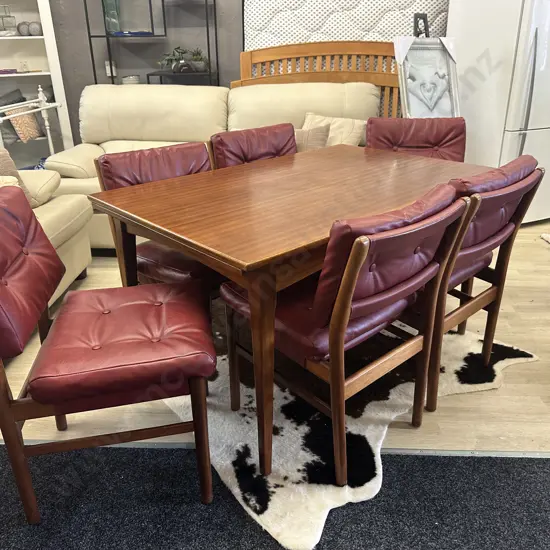 Mid Century Extn Dining Table (H73 W130 / 220 D81cm) With 6 Red Leather Effect Upholstered Chairs