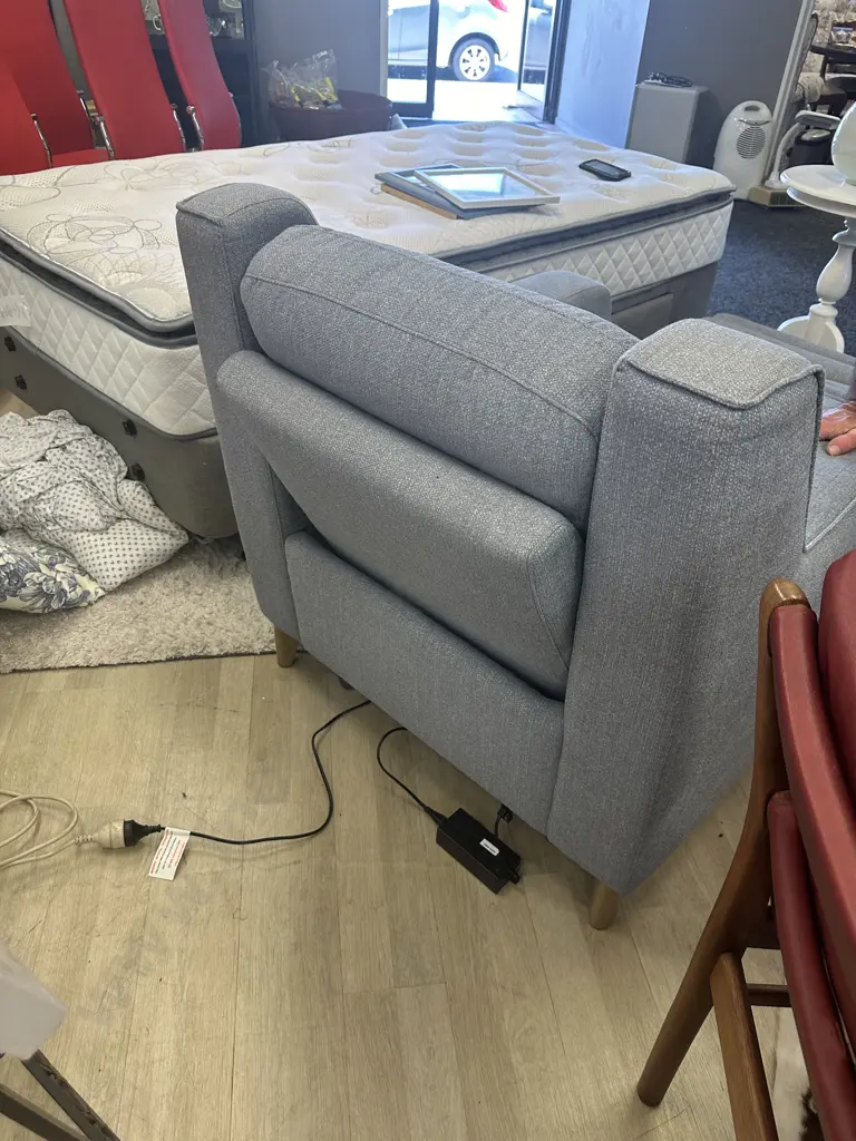 Light Grey Fabric Electric Recliner Chair With USB Charging. White Wash Timber Feet Image 1++