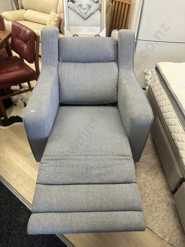 Light Grey Fabric Electric Recliner Chair With USB Charging. White Wash Timber Feet Image 1++