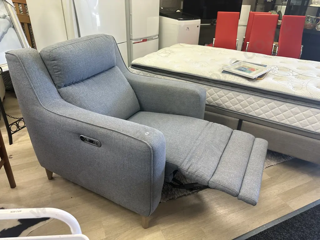 Light Grey Fabric Electric Recliner Chair With USB Charging. White Wash Timber Feet Image 1++