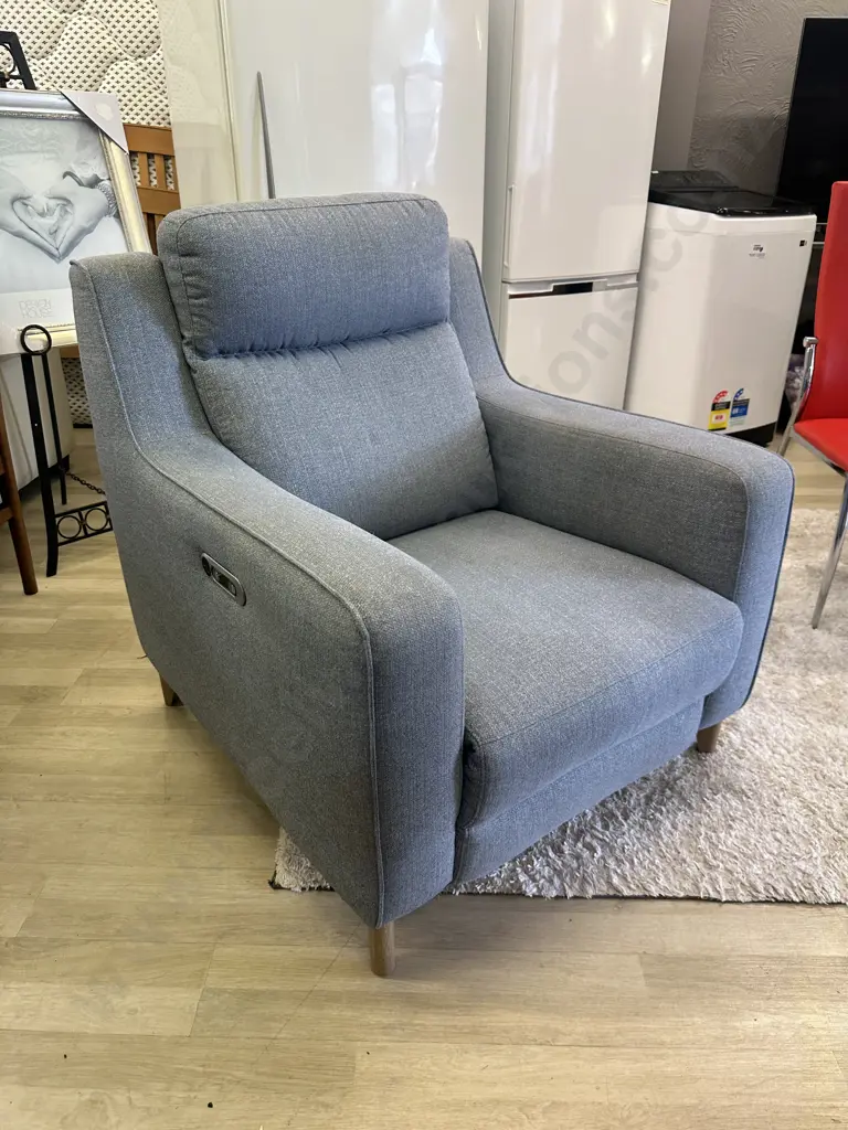 Light Grey Fabric Electric Recliner Chair With USB Charging. White Wash Timber Feet Image 1++