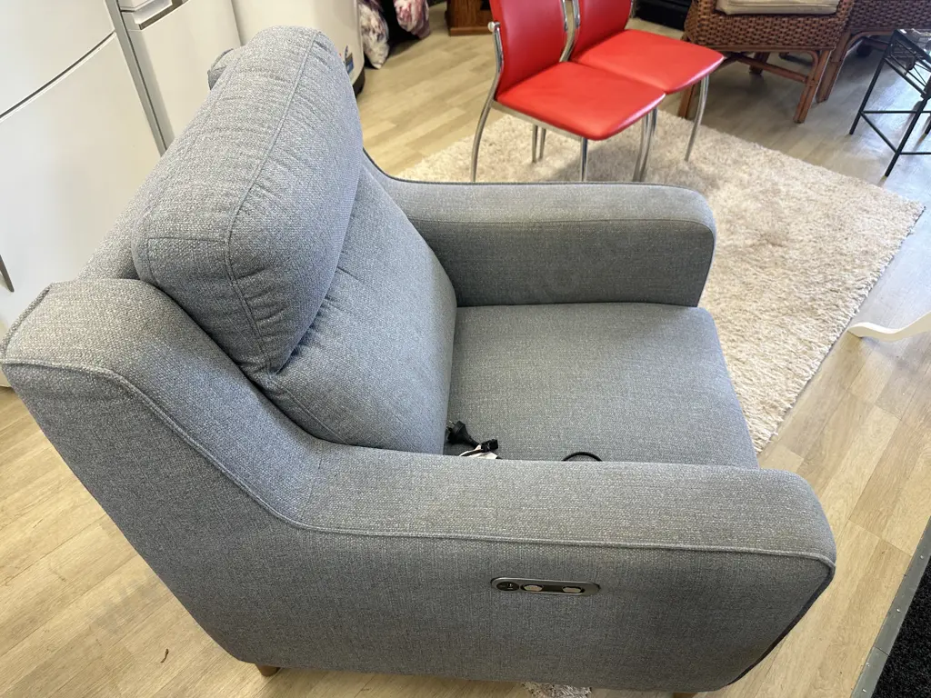 Light Grey Fabric Electric Recliner Chair With USB Charging. White Wash Timber Feet Image 1++
