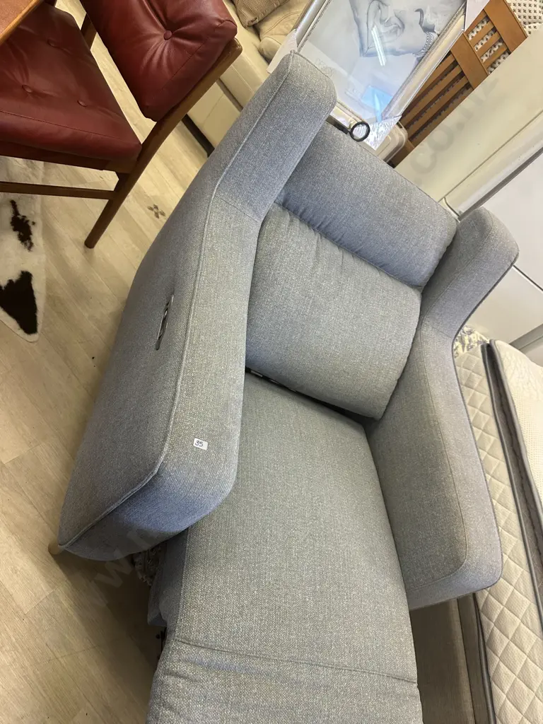 Light Grey Fabric Electric Recliner Chair With USB Charging. White Wash Timber Feet Image 1++