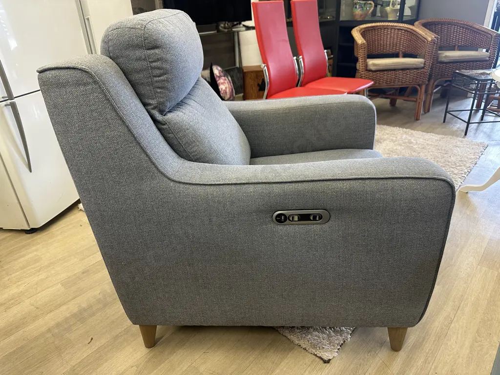 Light Grey Fabric Electric Recliner Chair With USB Charging. White Wash Timber Feet Image 1++