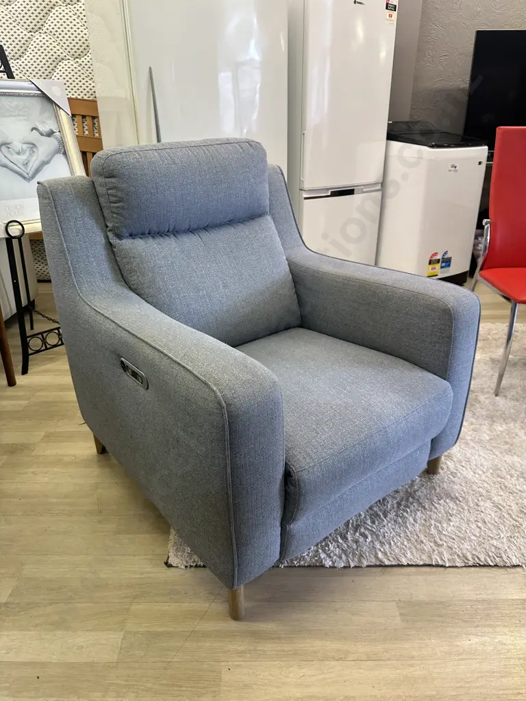 Light Grey Fabric Electric Recliner Chair With USB Charging. White Wash Timber Feet Image 1++