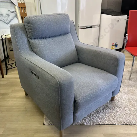 Light Grey Fabric Electric Recliner Chair With USB Charging. White Wash Timber Feet