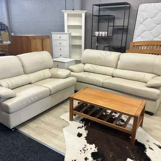 Danske Mobler Cream Leather 3 Seater & 2 Seater Lounge Suite
