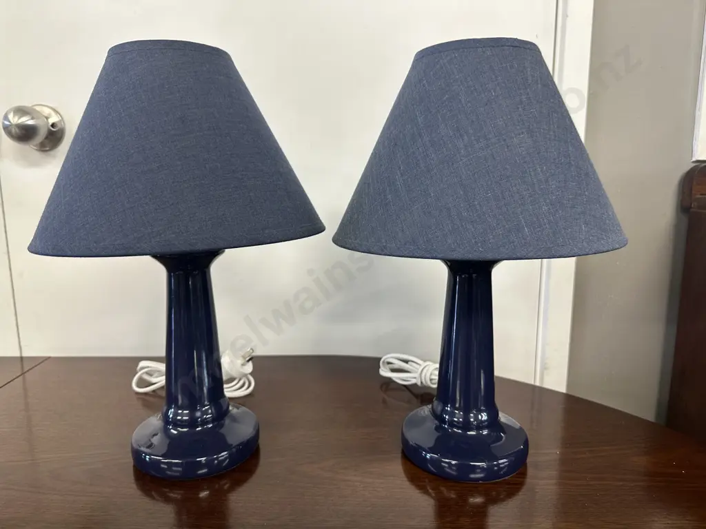 Pair Of 'Cafe Lighting' Table Lamps Navy Blue Base & Light Blue Shades H38cm. Image 1++