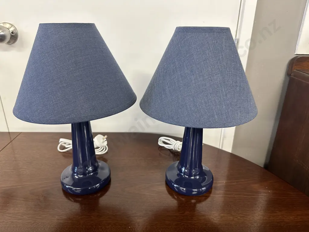 Pair Of 'Cafe Lighting' Table Lamps Navy Blue Base & Light Blue Shades H38cm. Image 1++