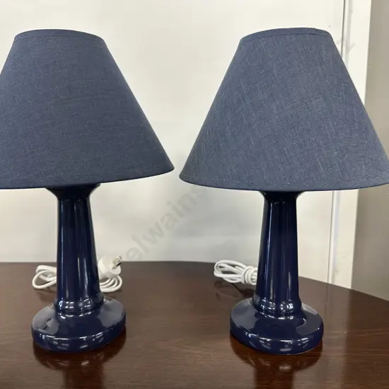 Pair Of 'Cafe Lighting' Table Lamps Navy Blue Base & Light Blue Shades H38cm.
