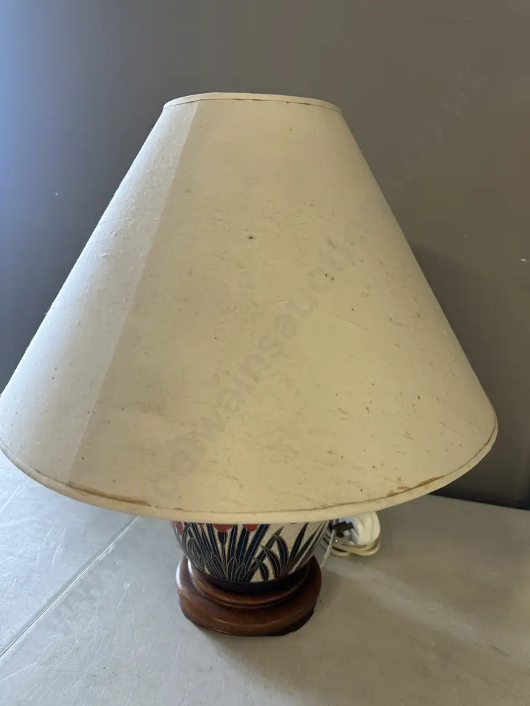 Vintage Ceramic Table Lamp With Cream Shade On Wooden Plinth Image 1++