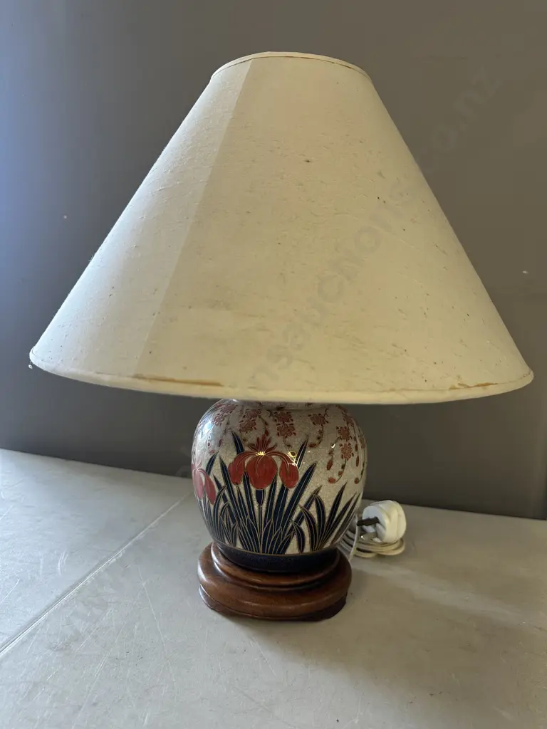 Vintage Ceramic Table Lamp With Cream Shade On Wooden Plinth Image 1++