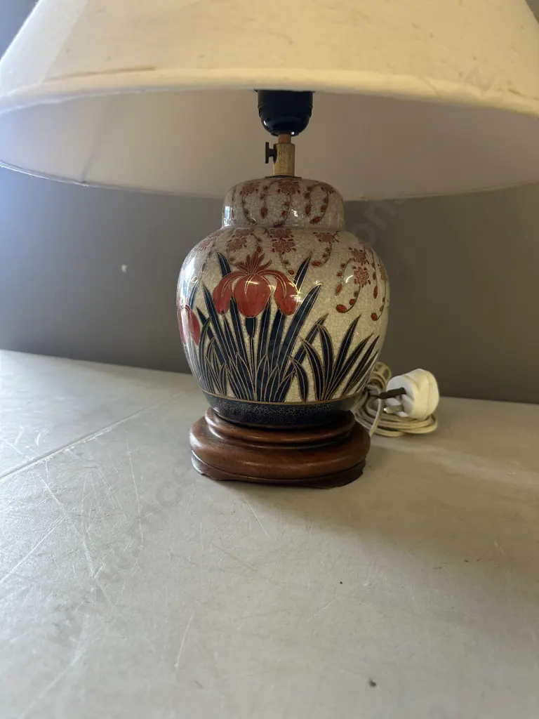 Vintage Ceramic Table Lamp With Cream Shade On Wooden Plinth Image 1++