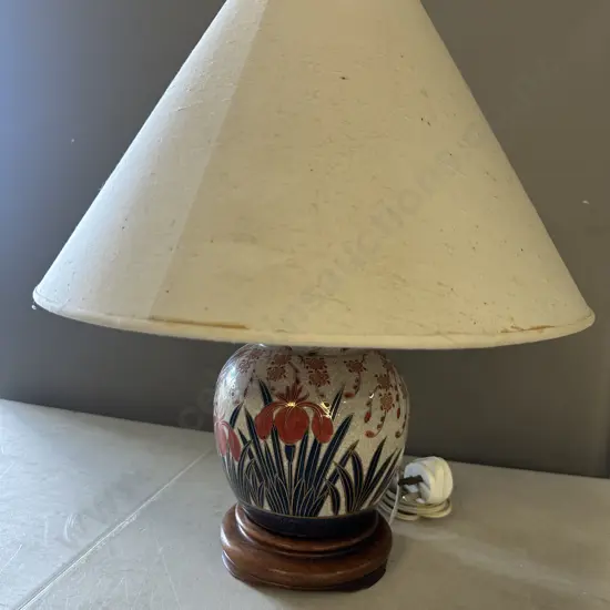 Vintage Ceramic Table Lamp With Cream Shade On Wooden Plinth