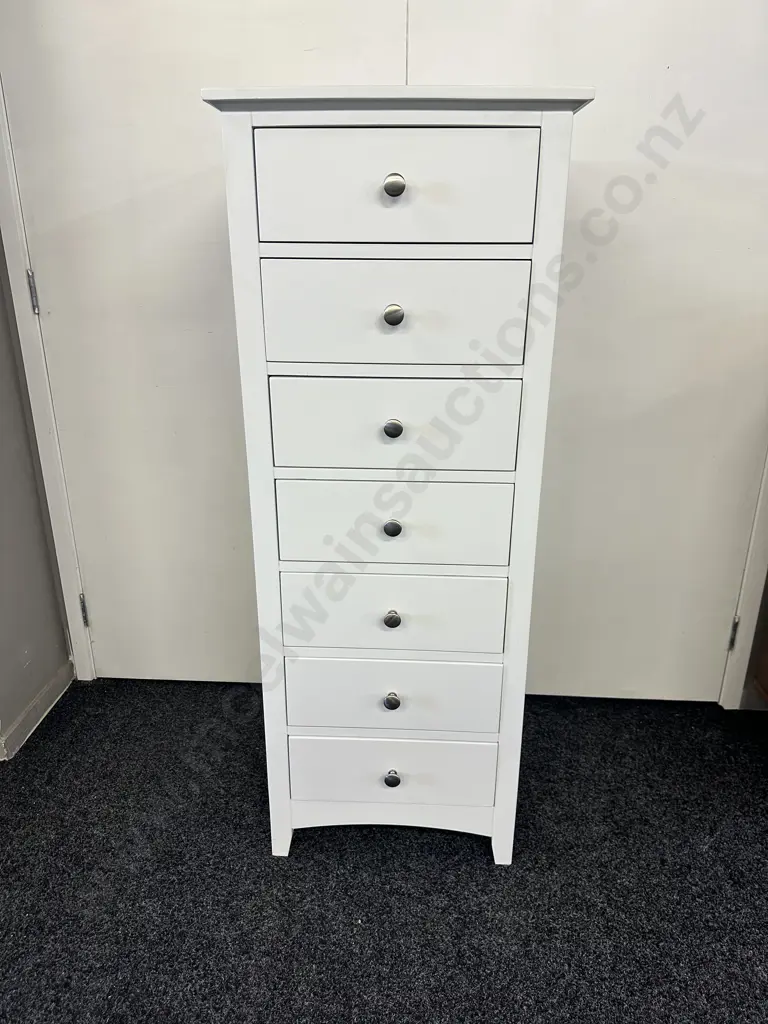 Freedom Furniture 7 Drawer White Tallboy, Brushed Pewter Knob Handles. H130 W50 D45cm Image 1++