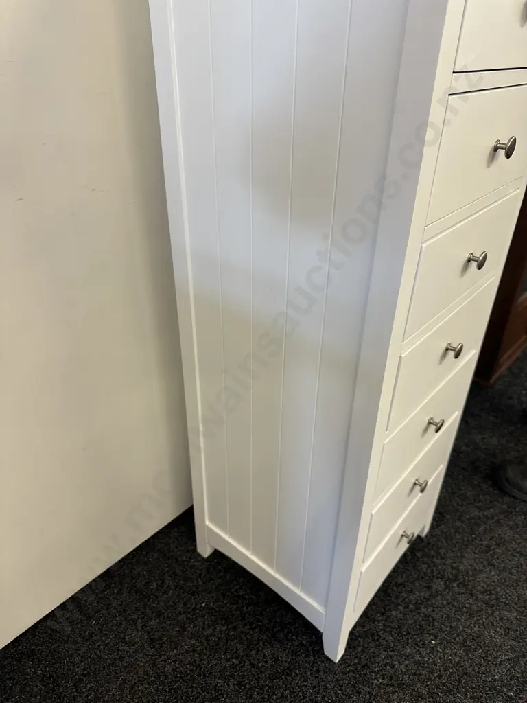 Freedom Furniture 7 Drawer White Tallboy, Brushed Pewter Knob Handles. H130 W50 D45cm Image 1++