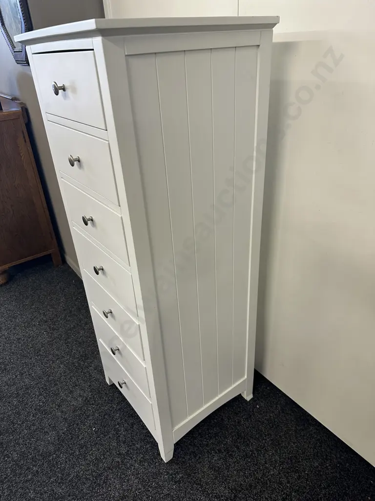 Freedom Furniture 7 Drawer White Tallboy, Brushed Pewter Knob Handles. H130 W50 D45cm Image 1++
