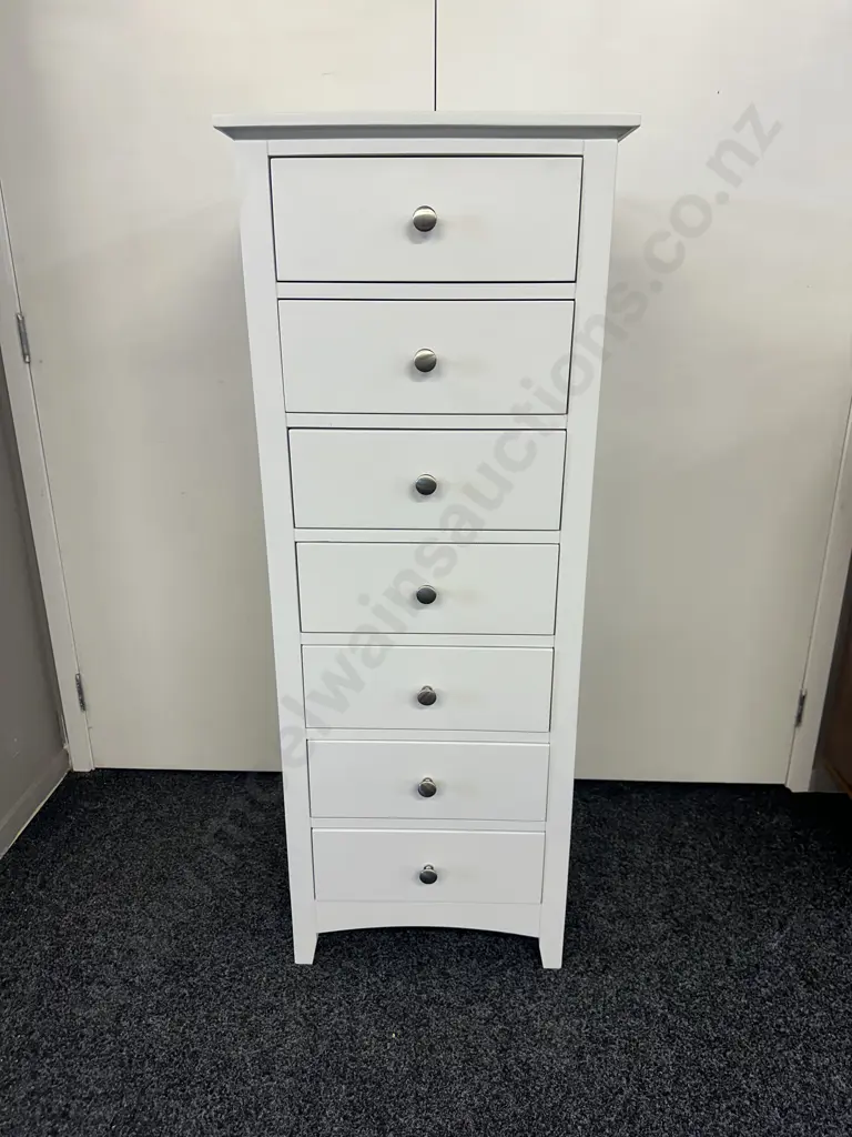 Freedom Furniture 7 Drawer White Tallboy, Brushed Pewter Knob Handles. H130 W50 D45cm Image 1++