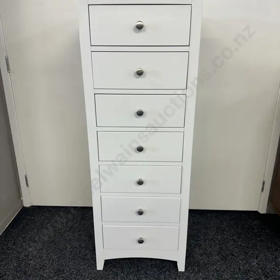 Freedom Furniture 7 Drawer White Tallboy, Brushed Pewter Knob Handles. H130 W50 D45cm