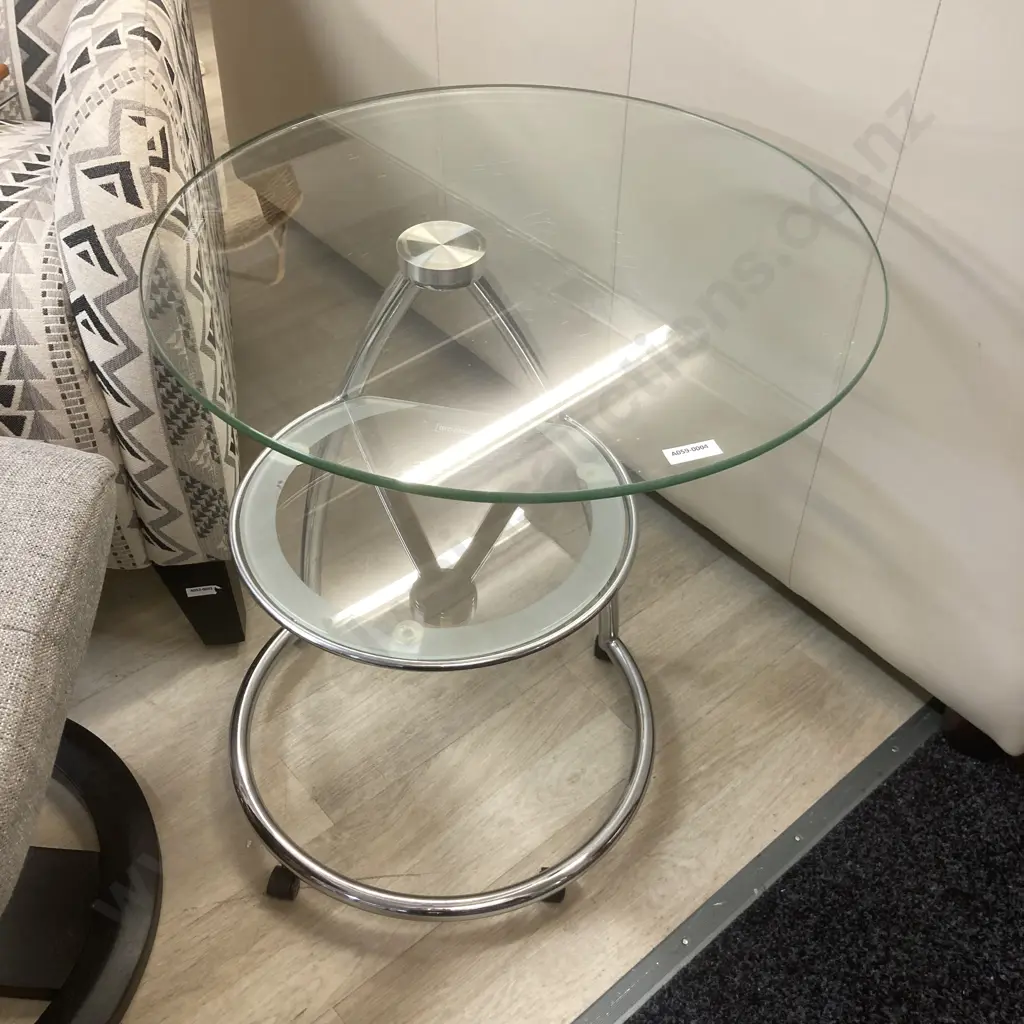 Modernist Glass & Polished Steel 2 Tier Occasional Table On Wheels. 58 x 50cm Image 1++