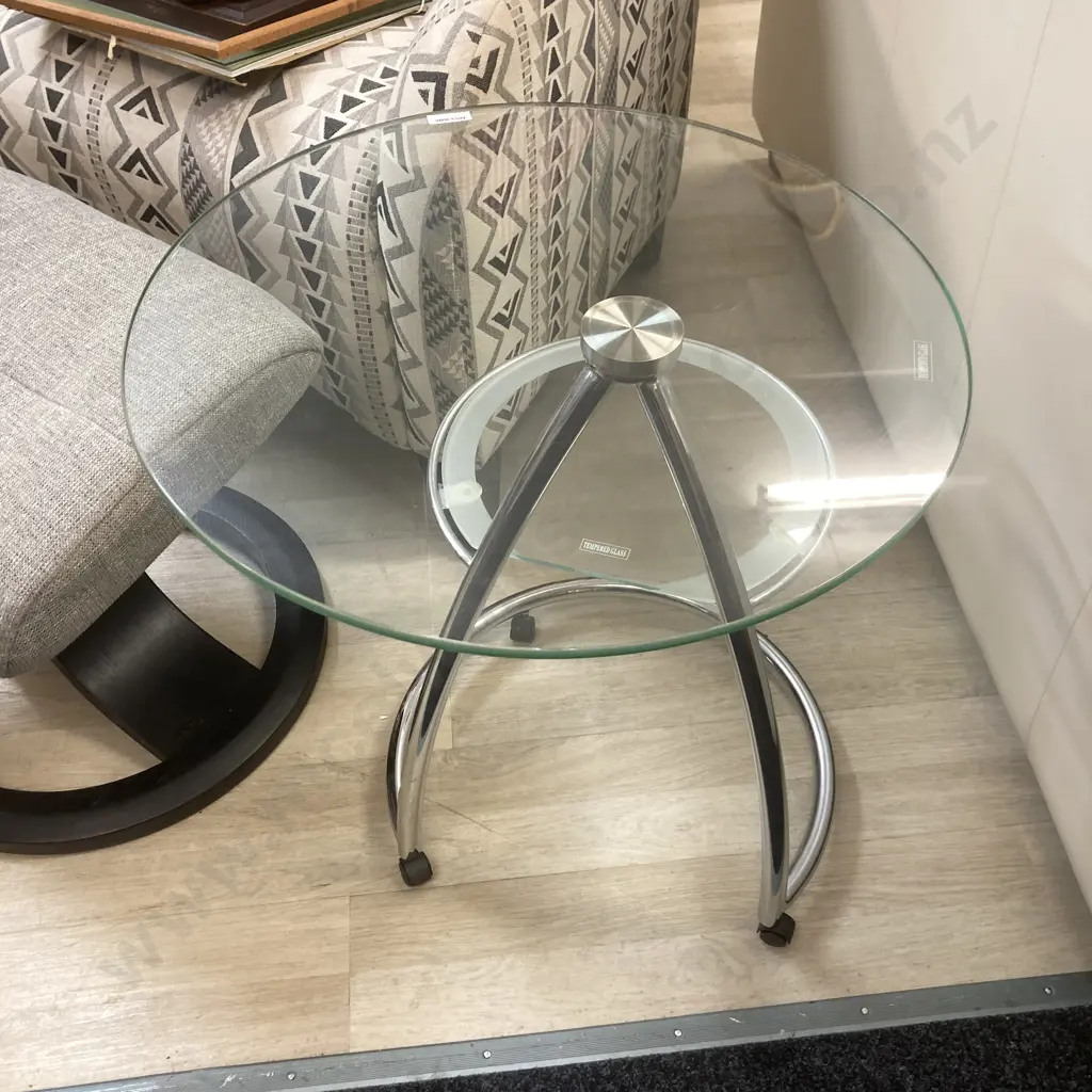 Modernist Glass & Polished Steel 2 Tier Occasional Table On Wheels. 58 x 50cm Image 1++