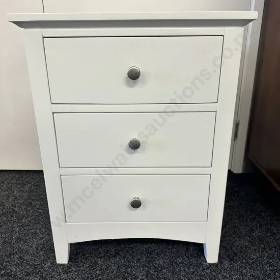 Freedom Furniture 3 Drawer White Bedside Unit, Brushed Pewter Knob Handles. H165 W50 D45cm
