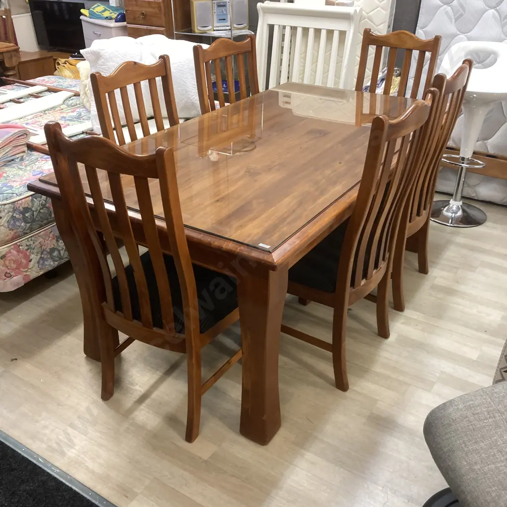 Beautiful Woodpeckers Solid Rimu Dining Table, Glass Top (H79 W180 D100cm) 6 Dark Green Fabric Upholstered Chairs Image 1++