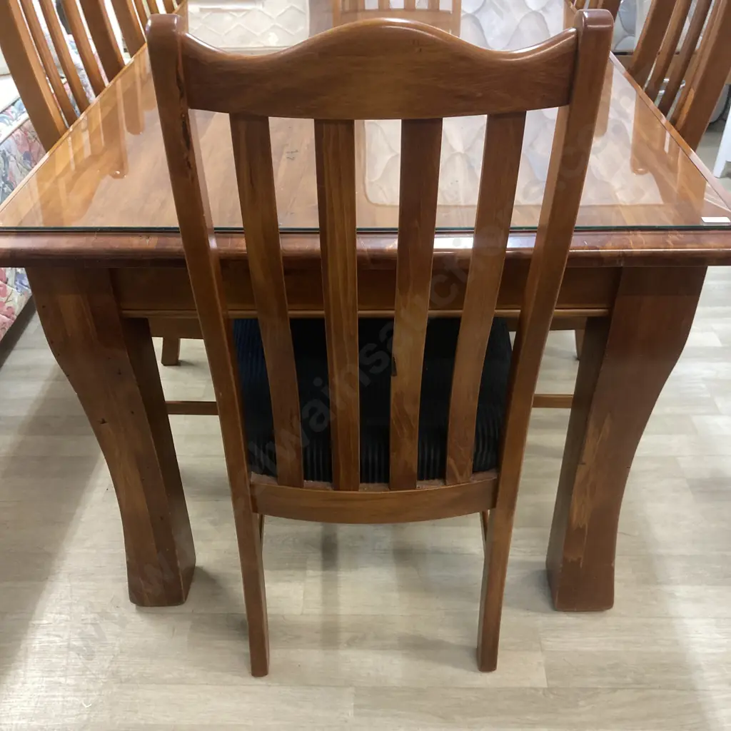 Beautiful Woodpeckers Solid Rimu Dining Table, Glass Top (H79 W180 D100cm) 6 Dark Green Fabric Upholstered Chairs Image 1++