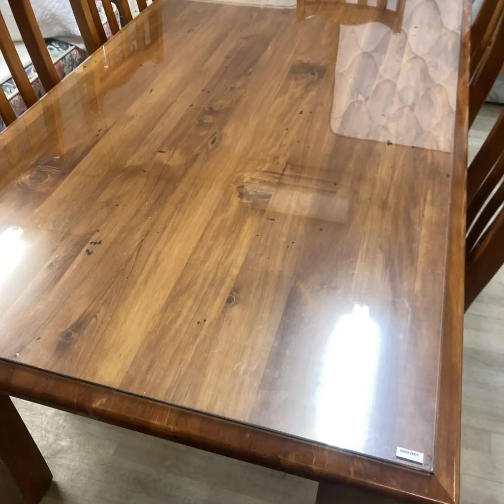 Beautiful Woodpeckers Solid Rimu Dining Table, Glass Top (H79 W180 D100cm) 6 Dark Green Fabric Upholstered Chairs Image 1++