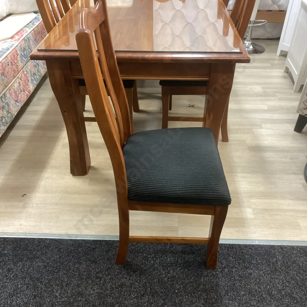 Beautiful Woodpeckers Solid Rimu Dining Table, Glass Top (H79 W180 D100cm) 6 Dark Green Fabric Upholstered Chairs Image 1++