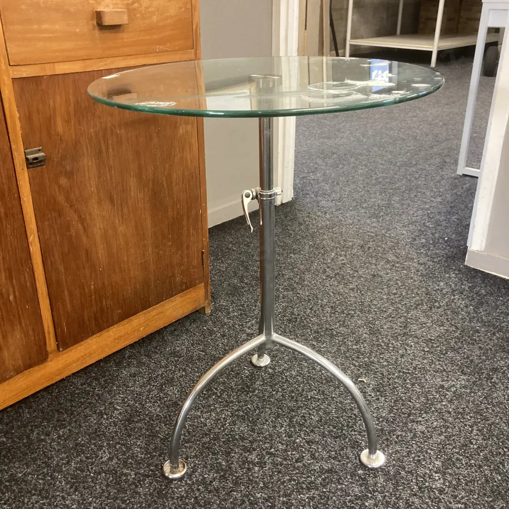 Modernist Glass & Polished Steel Occasional Table, Height Adjustable. 67 x 50cm Image 1++