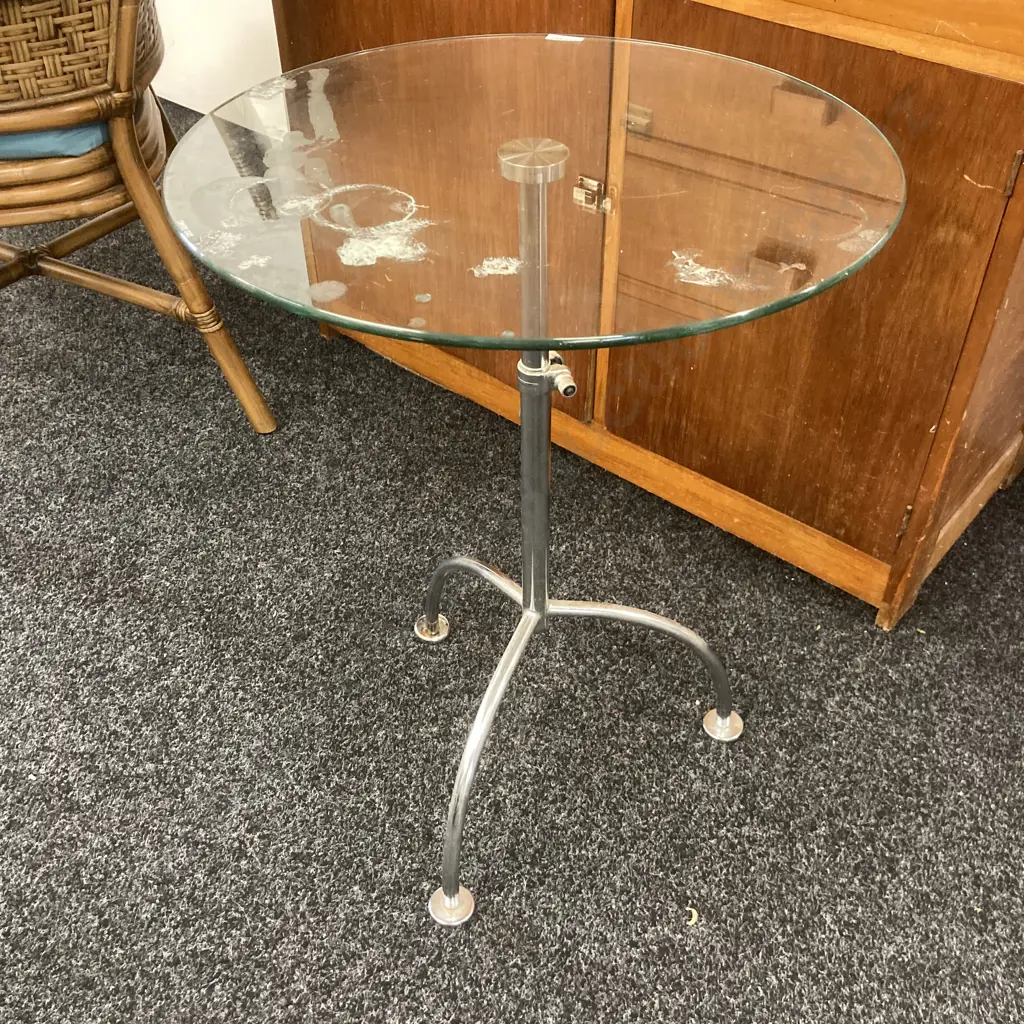 Modernist Glass & Polished Steel Occasional Table, Height Adjustable. 67 x 50cm Image 1++