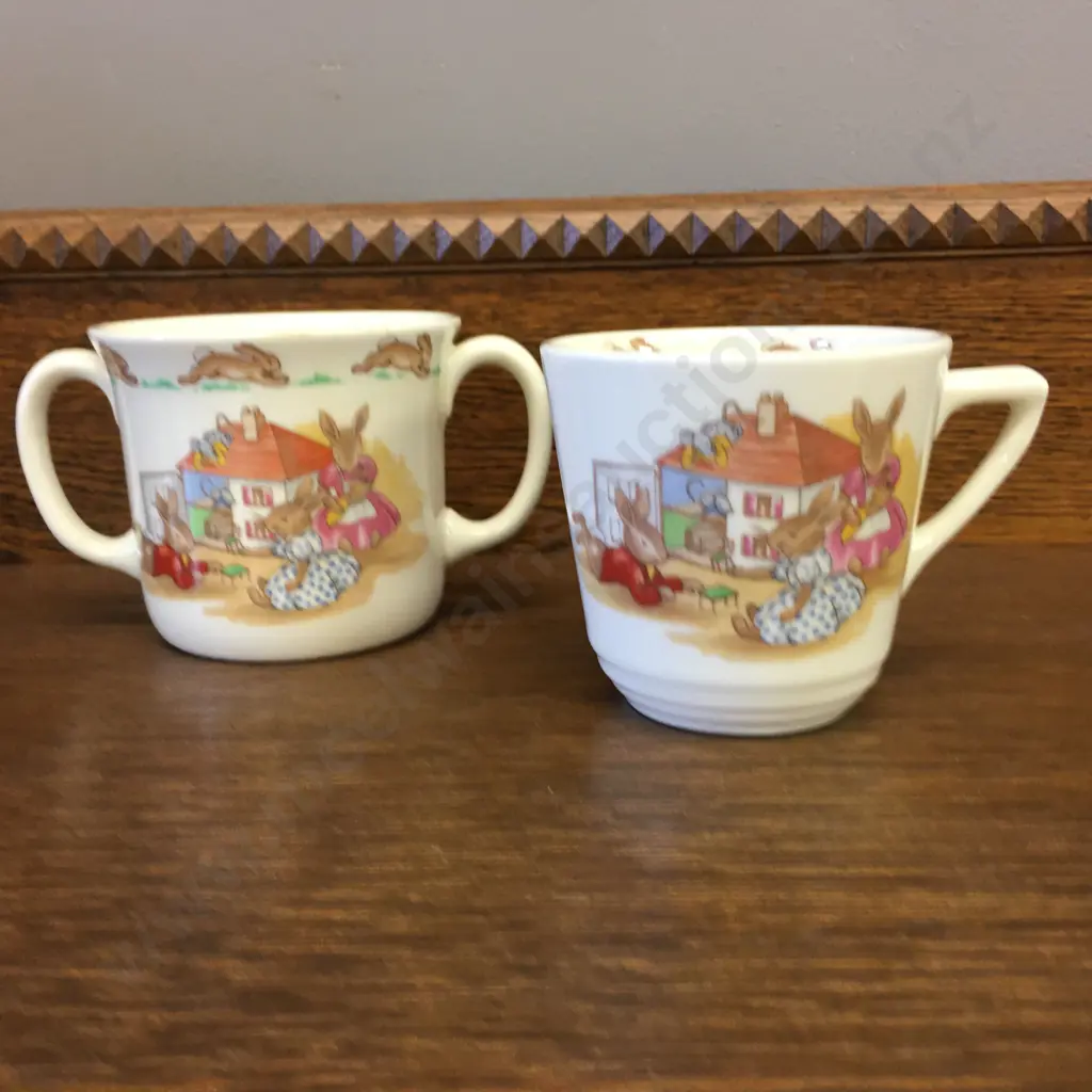 Royal Doulton Bunnykins Casino Shape Cup With Beach & Dolls House Scenes & Double Handled Cup With Dolls House Scene Image 1++