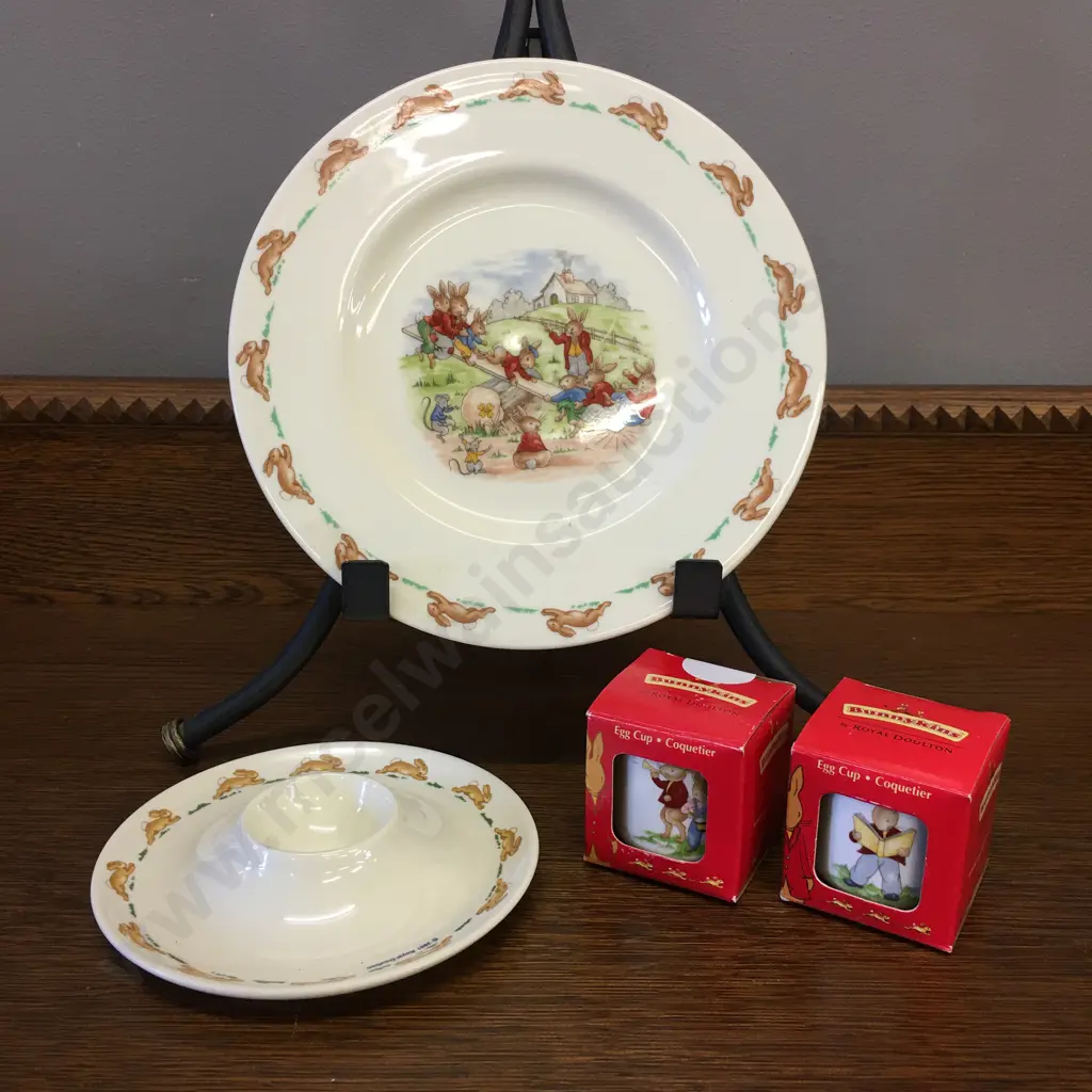 Royal Doulton Bunnykins Plate With Seasaw Scene, Pair of Boxed Collectable Egg Cups, 2001 Melamine Egg Cup/Plate Image 1++