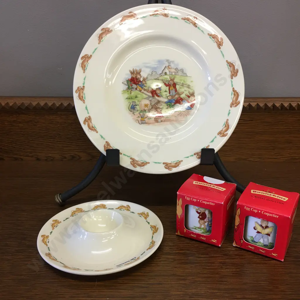 Royal Doulton Bunnykins Plate With Seasaw Scene, Pair of Boxed Collectable Egg Cups, 2001 Melamine Egg Cup/Plate Image 1++