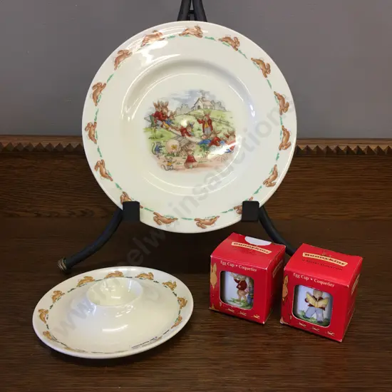 Royal Doulton Bunnykins Plate With Seasaw Scene, Pair of Boxed Collectable Egg Cups, 2001 Melamine Egg Cup/Plate