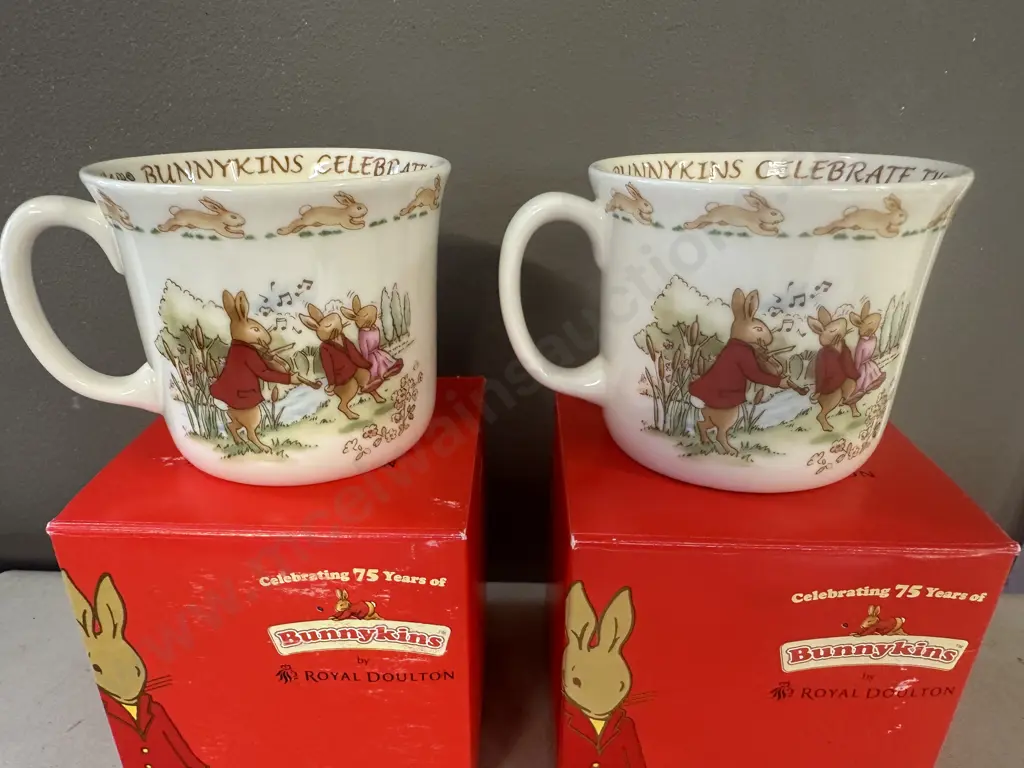 Pair Of Royal Doulton China Bunnykins Mugs Celebrating Their 75th Anniversary Image 1++