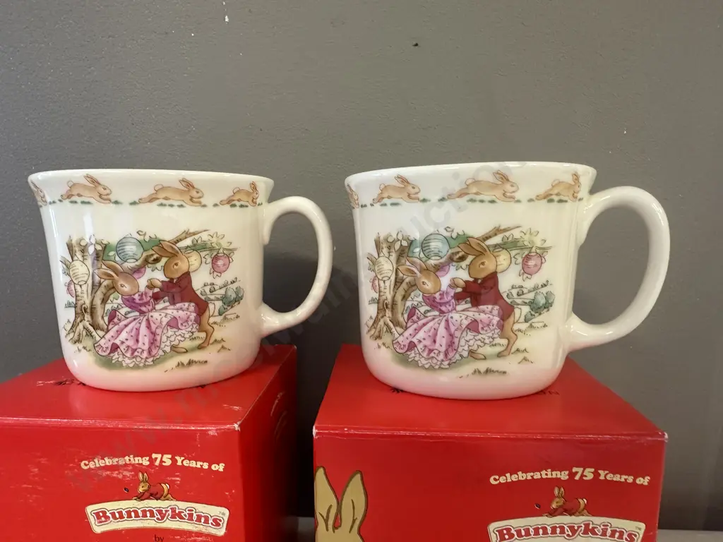 Pair Of Royal Doulton China Bunnykins Mugs Celebrating Their 75th Anniversary Image 1++