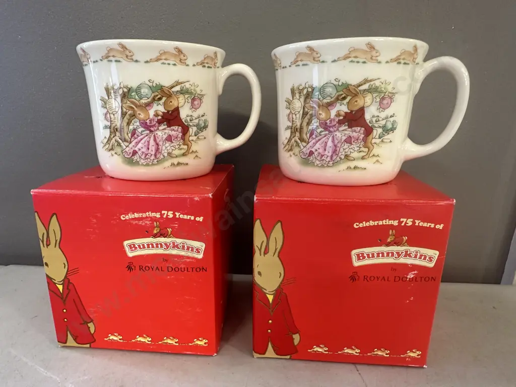 Pair Of Royal Doulton China Bunnykins Mugs Celebrating Their 75th Anniversary Image 1++