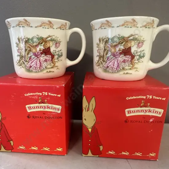 Pair Of Royal Doulton China Bunnykins Mugs Celebrating Their 75th Anniversary