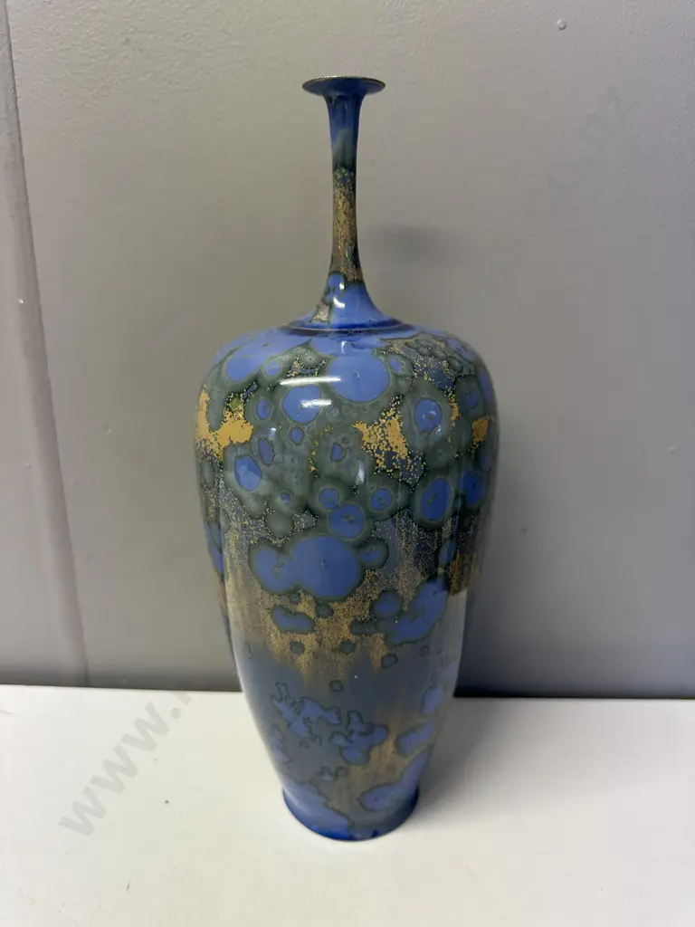 Glazed Yellow & Blue Bottle Signed DS H34cm. Image 1++