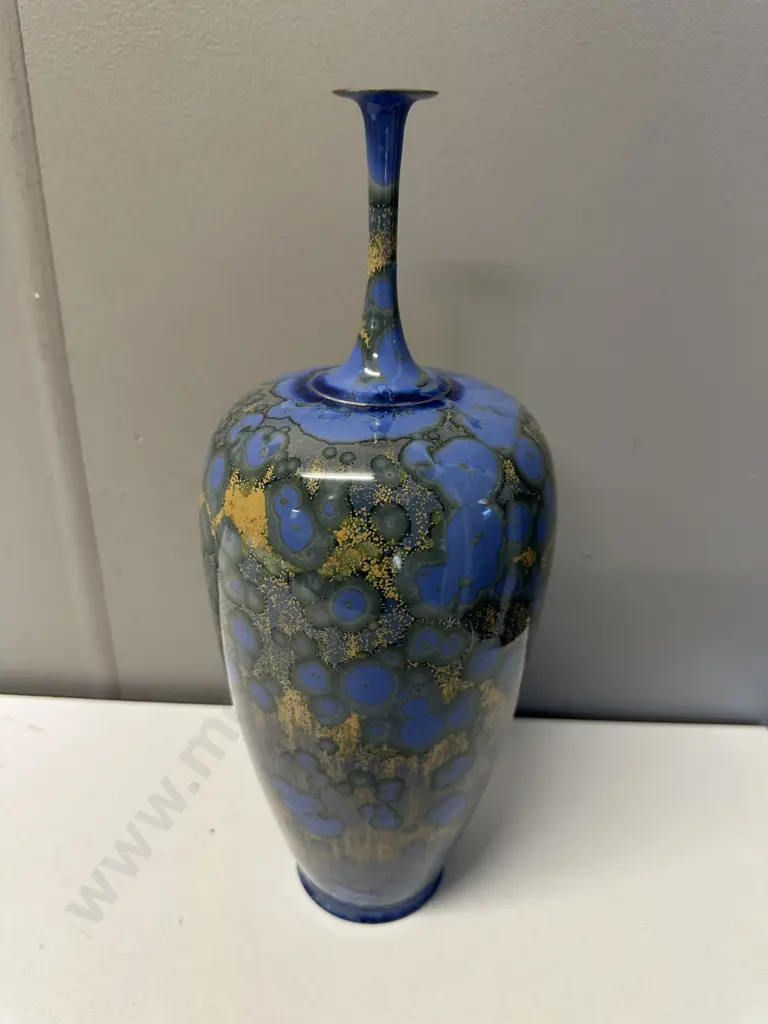 Glazed Yellow & Blue Bottle Signed DS H34cm. Image 1++
