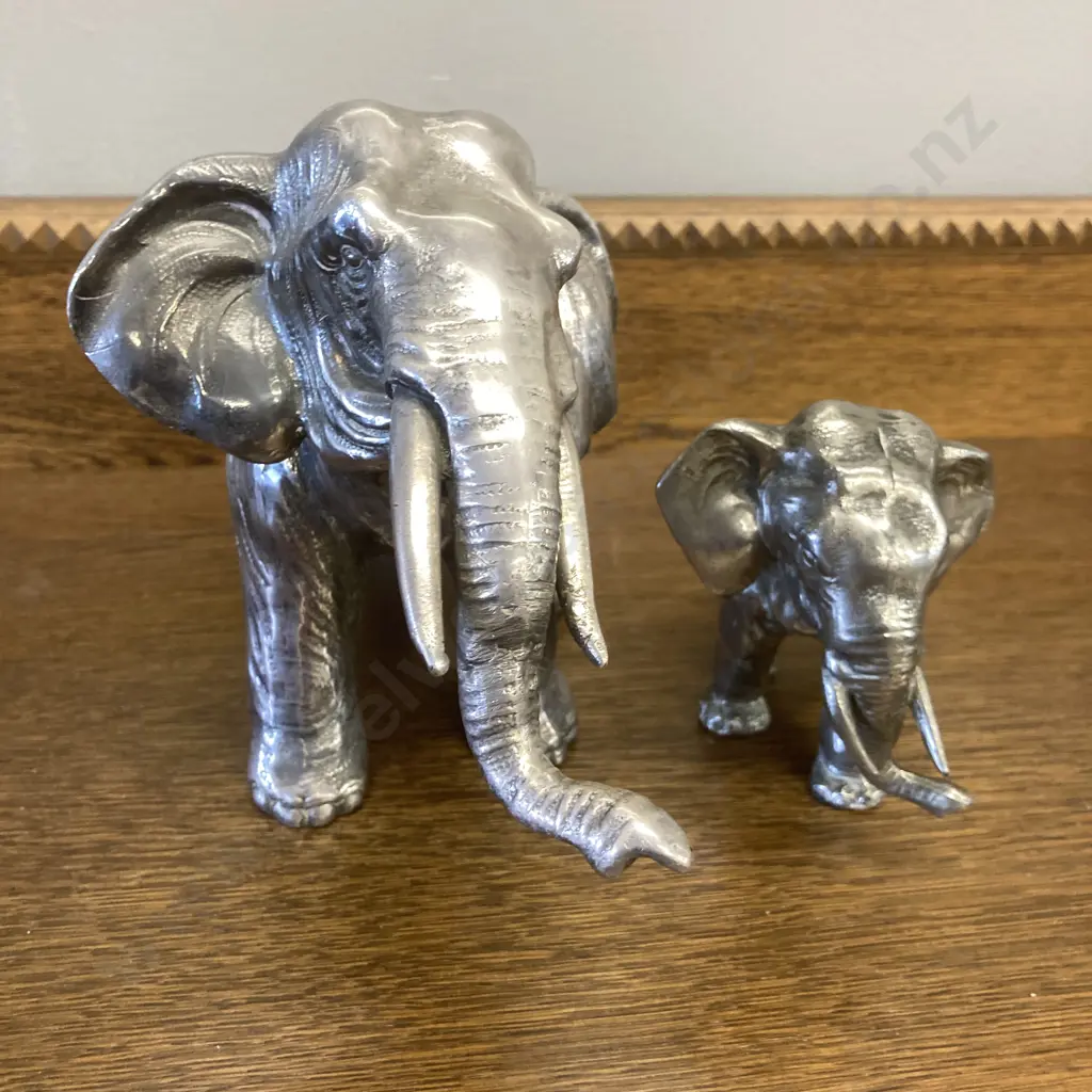 Vintage Polished Metal Elephants. 18 x 28cm & 11 x 16cm Image 1++