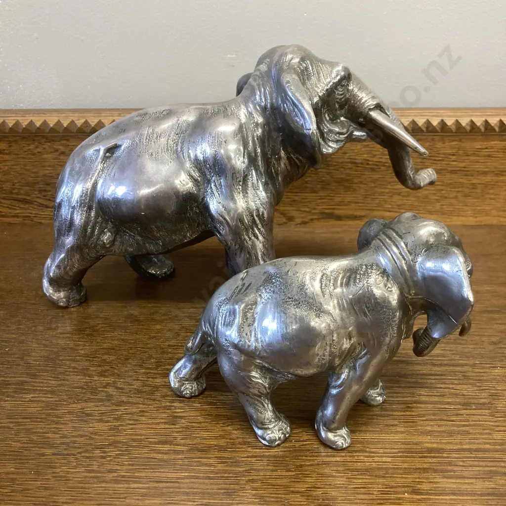 Vintage Polished Metal Elephants. 18 x 28cm & 11 x 16cm Image 1++