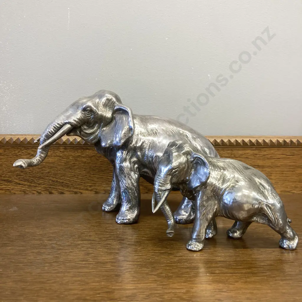 Vintage Polished Metal Elephants. 18 x 28cm & 11 x 16cm Image 1++