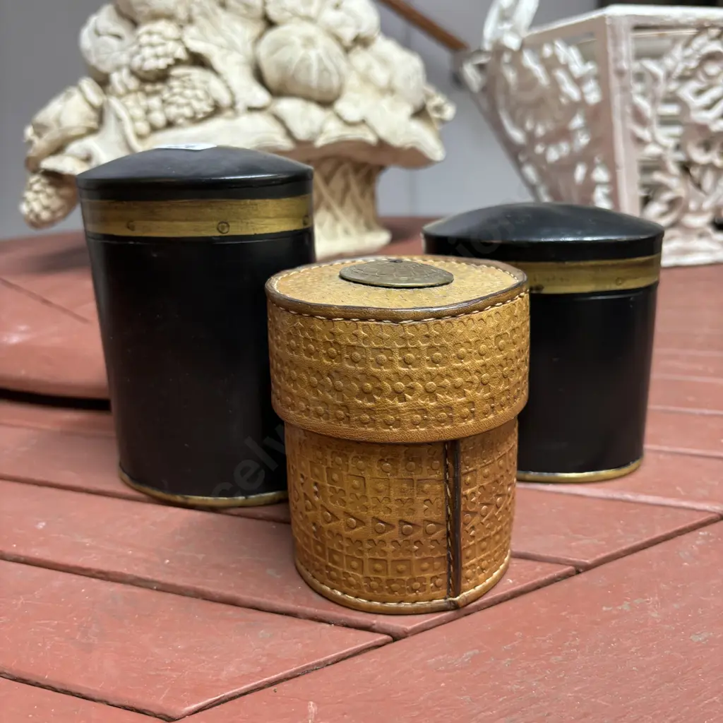 Two Metal Ash Pots with Vintage hand tooled Leather Pouch Pot Image 1++